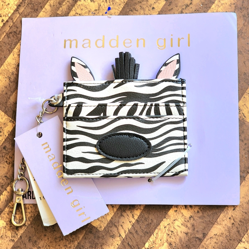Madden Girl Zebra Card Case Mini Wallet Key Ring Chain NWT
